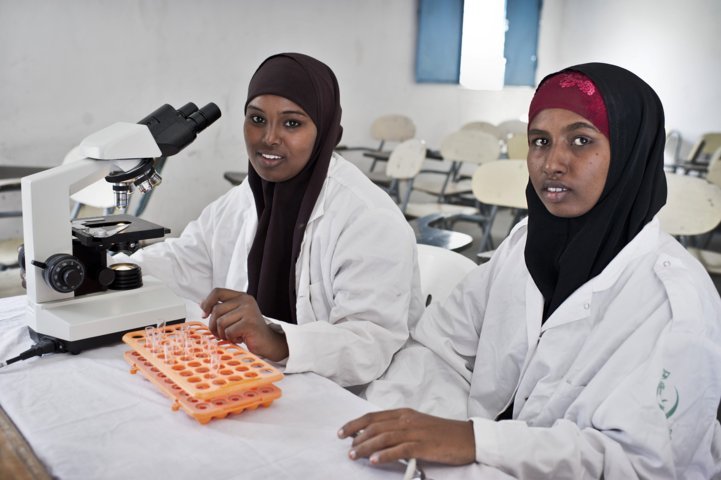 年轻妇女在科学实验室学习